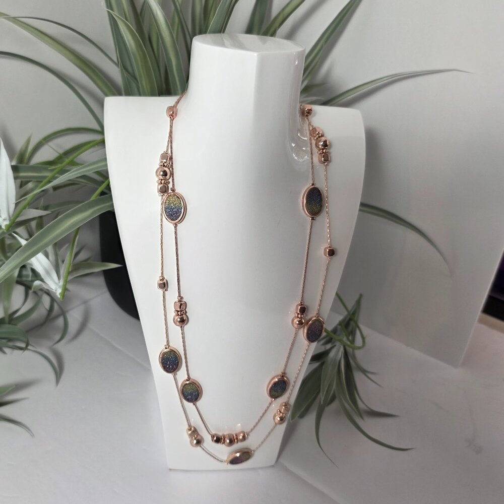 Layered Rose Gold Tone Necklace Sparkly Statement Piece - Picture 5 of 9